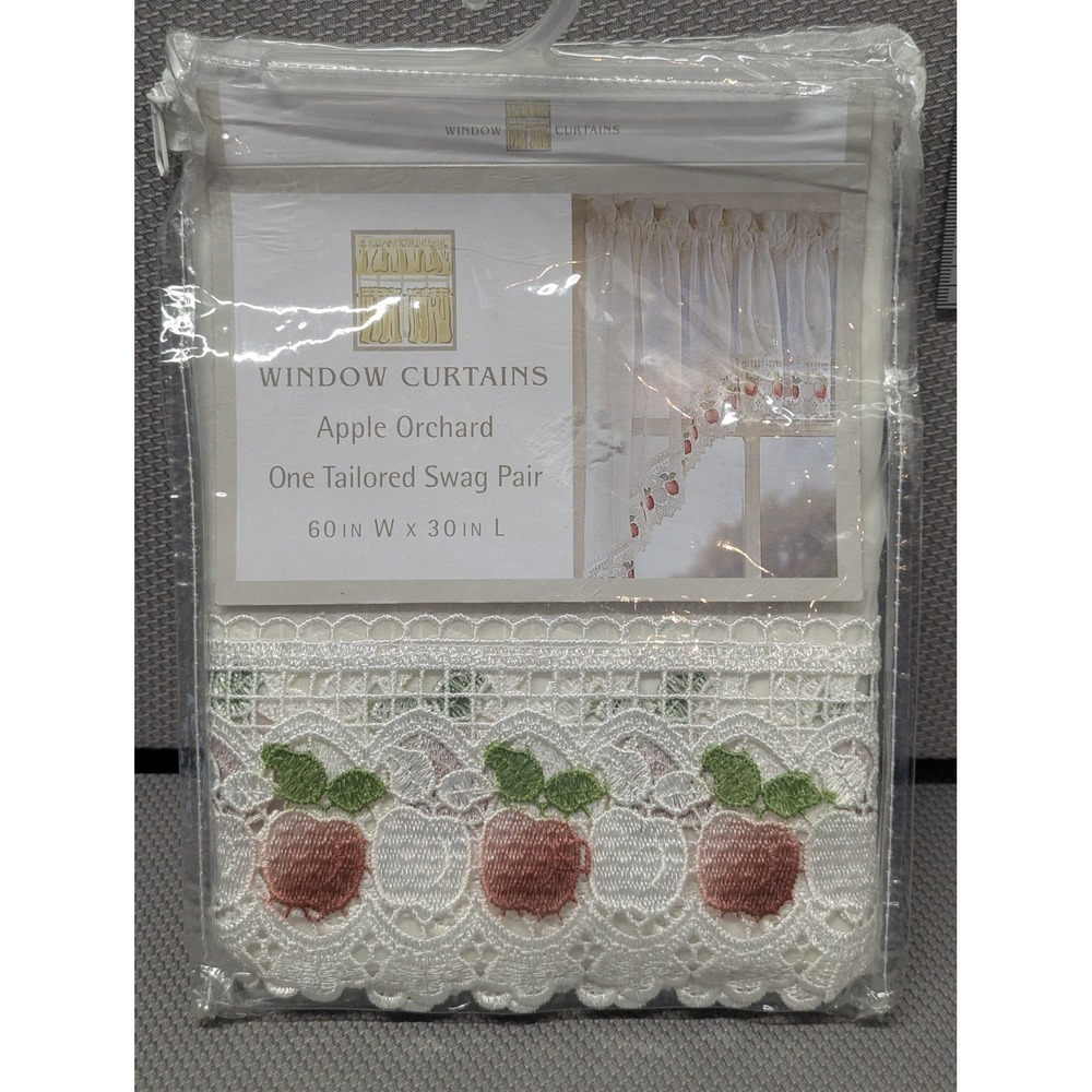 Apple Orchard Tailored Swag Curtain Pair White Lace 60x30 Farmhouse Country